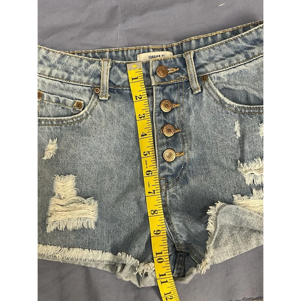 Forever 21 Button Fly Distressed Cut Off Blue Denim Shorts Size 25